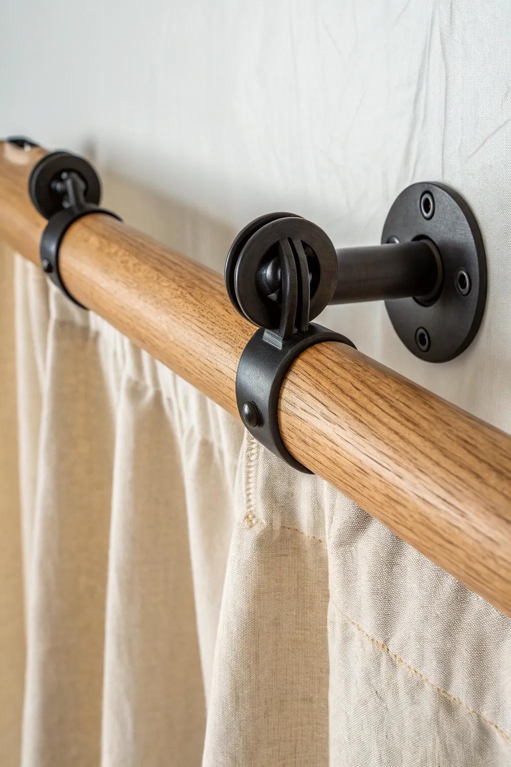 Warm oak rod meets matte-black pipe brackets—rustic contrast with clean Scandinavian charm.