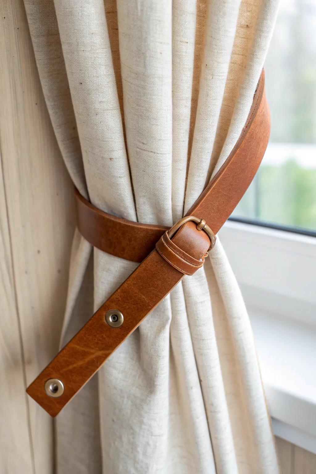 Rustic-chic leather strap tie-back—patina, linen, and oak for effortless Nordic warmth.