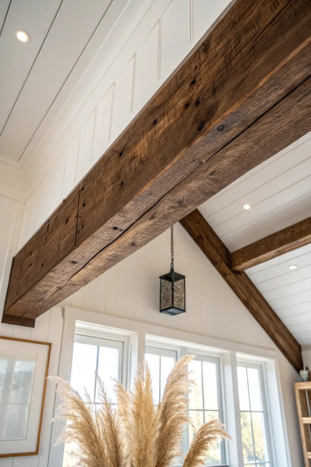 Dark-stained exposed beams against pale planks add instant rustic warmth and height.