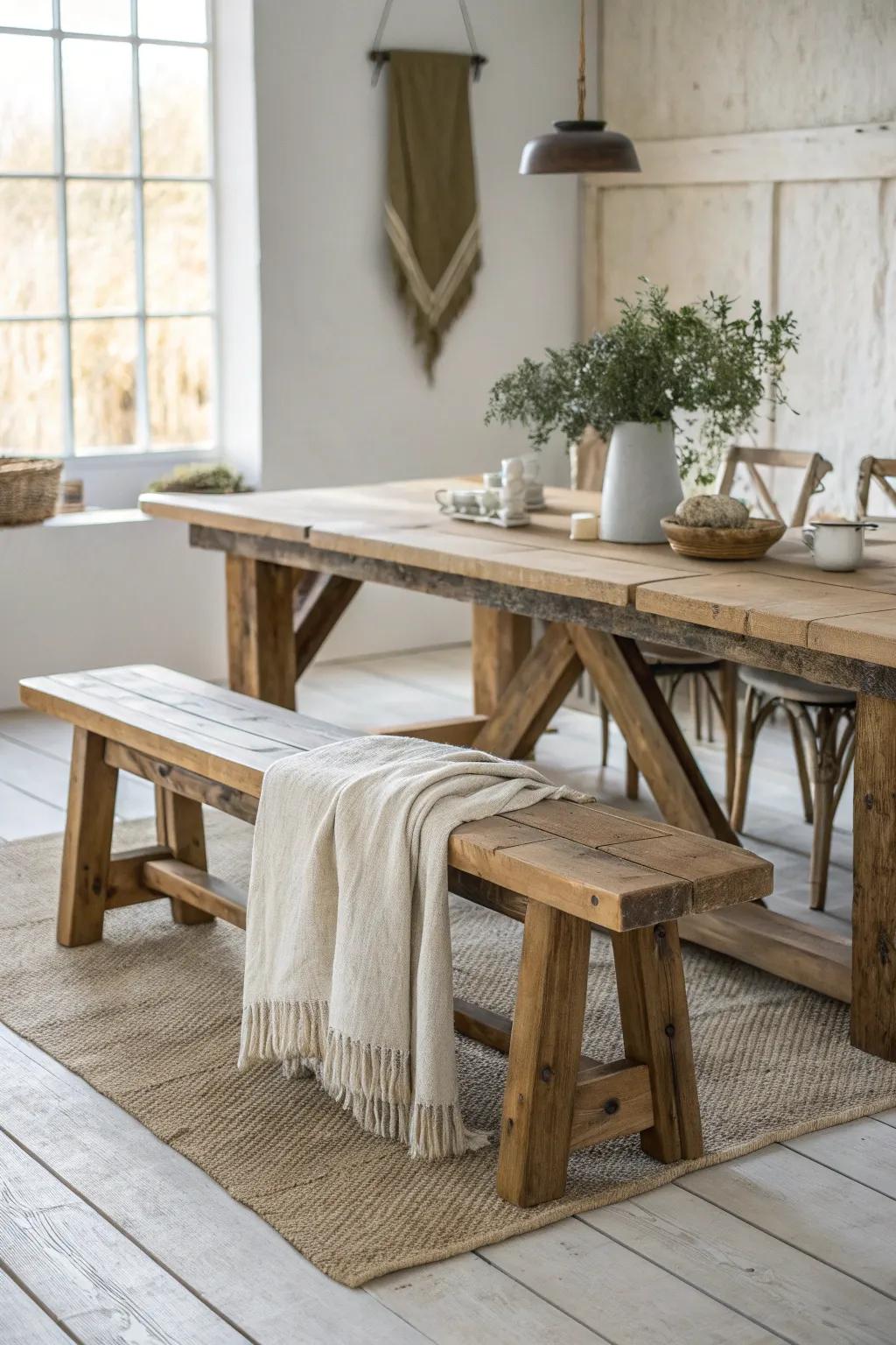 A rustic wood bench brings relaxed farmhouse charm—perfect with mismatched dining chairs.
