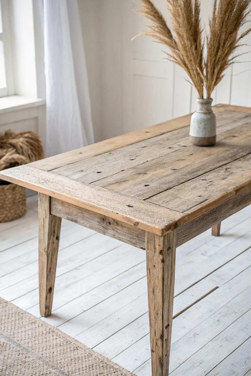 Reclaimed barnwood plank top—nail holes and saw marks sealed for rustic, silky character.