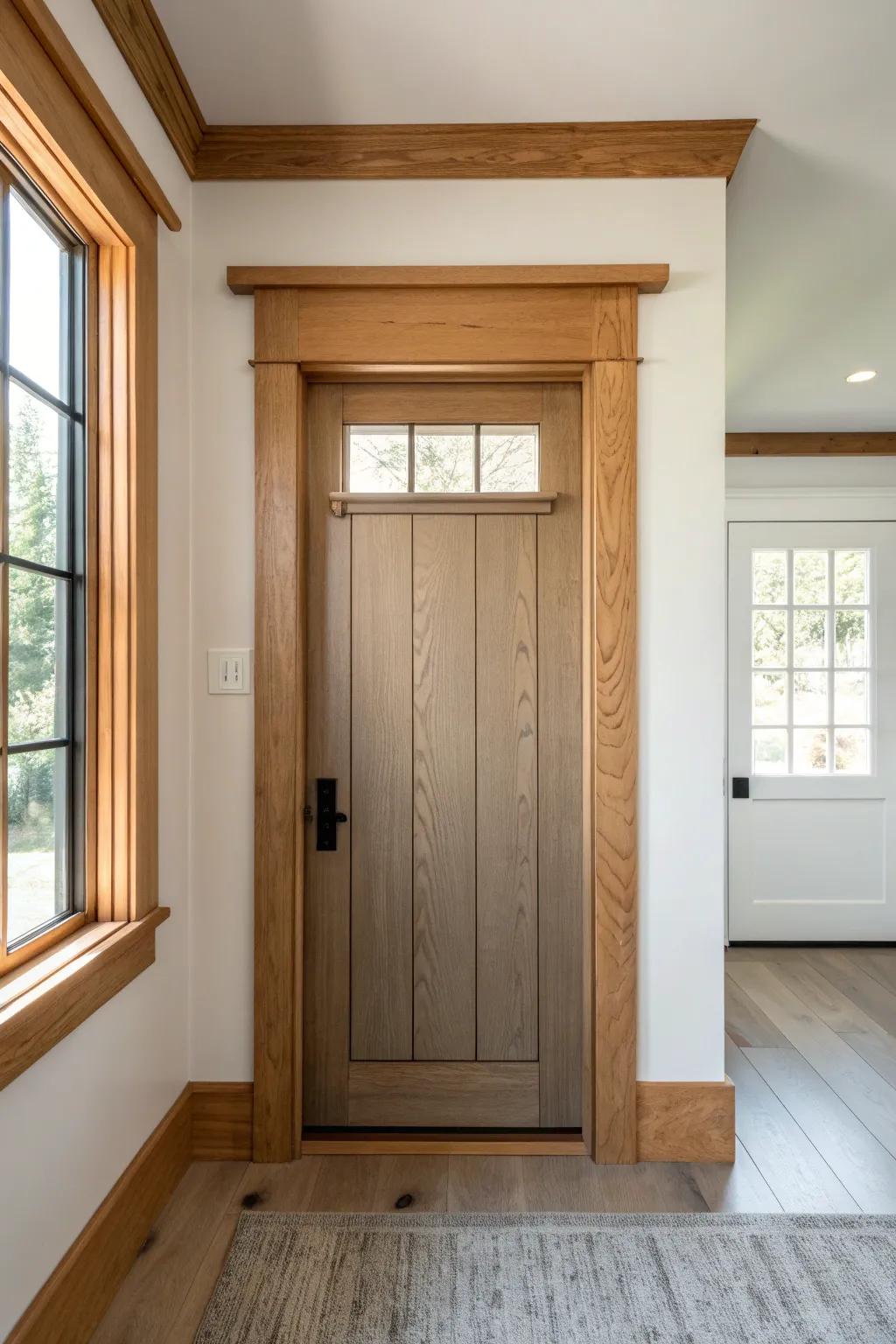 Chunky craftsman header trim in warm oak—simple square cuts for timeless rustic charm.
