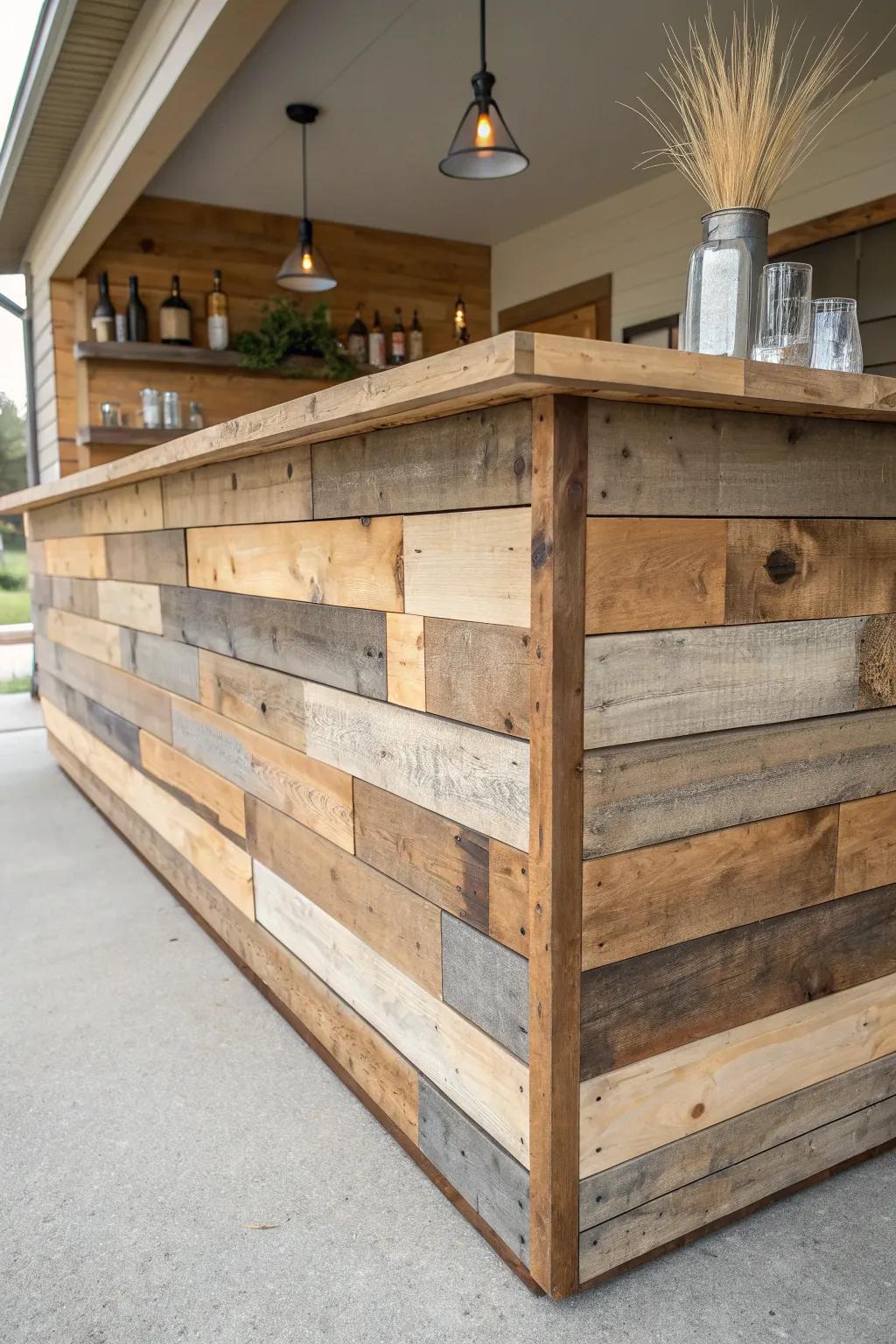 Pallet-wood bar front: sanded smooth, stamps and scars left in for timeless rustic charm.