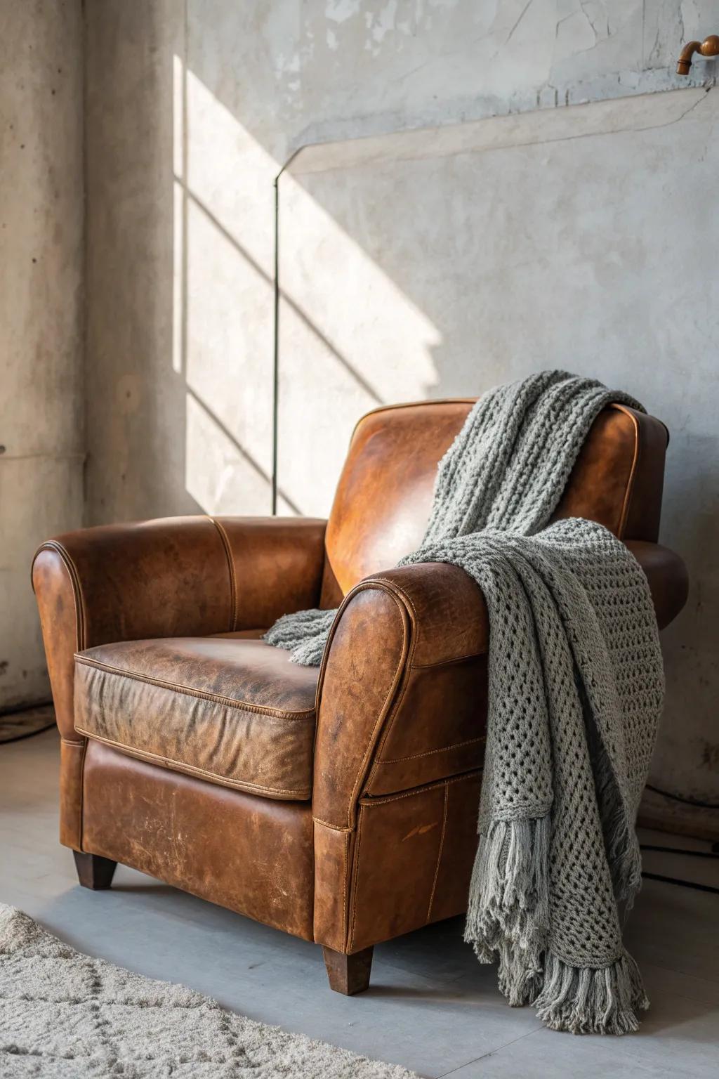 A worn-in brown leather chair softened with chunky grey knits for cozy rustic contrast.