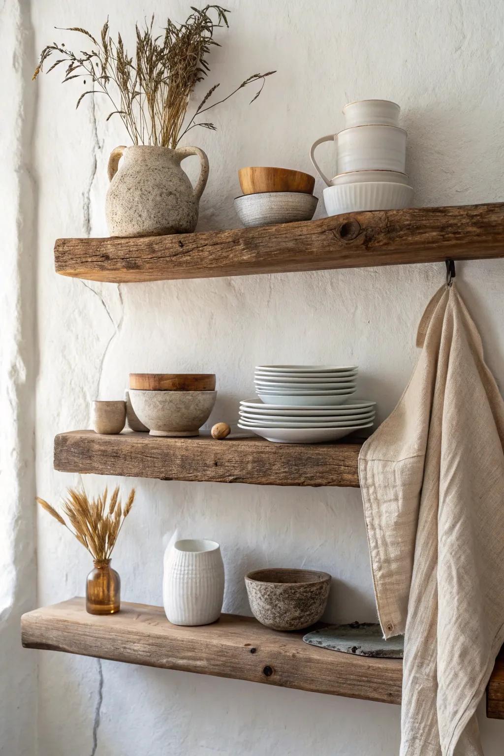 Warm up your kitchen with reclaimed floating shelves styled with simple pottery and plates.