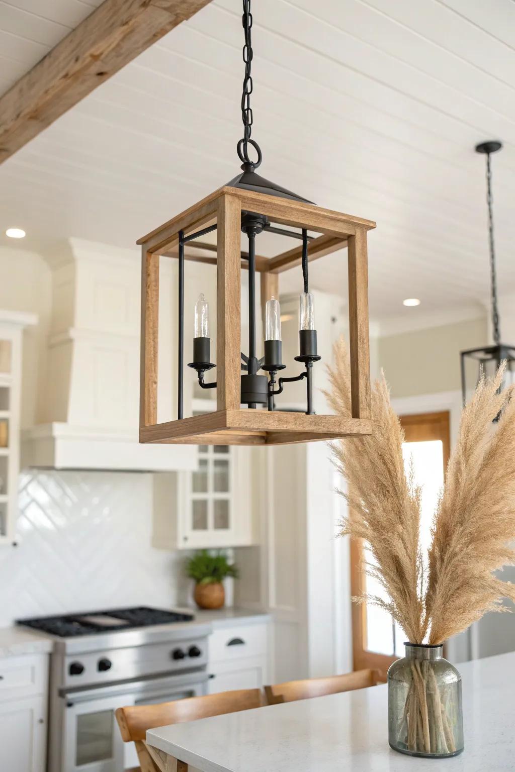 Open-frame lantern chandelier in warm oak—rustic anchor lighting with clean, airy sightlines.
