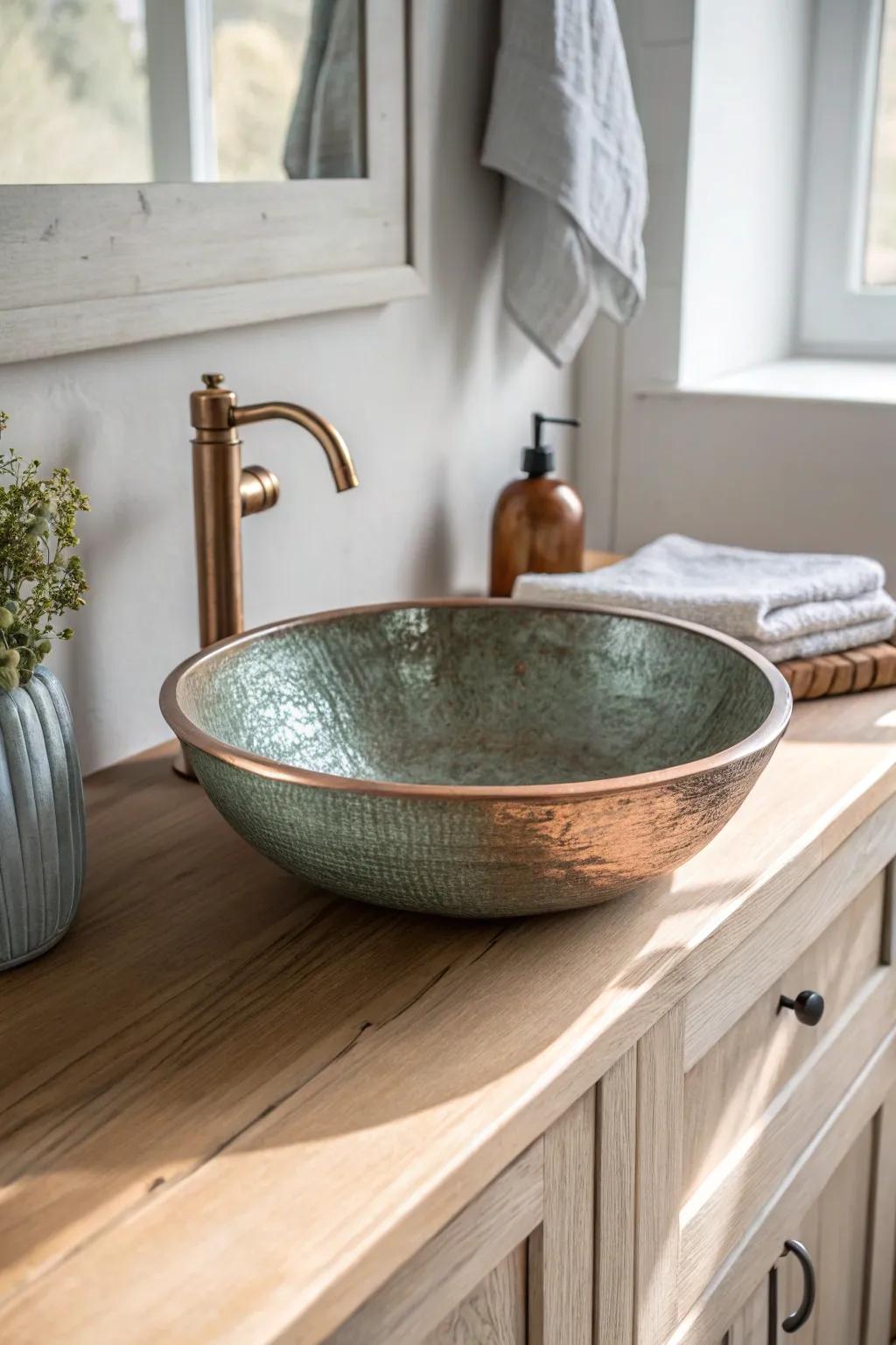 Hammered copper warmth with a living patina—an instant rustic upgrade for simple wood cabinets.