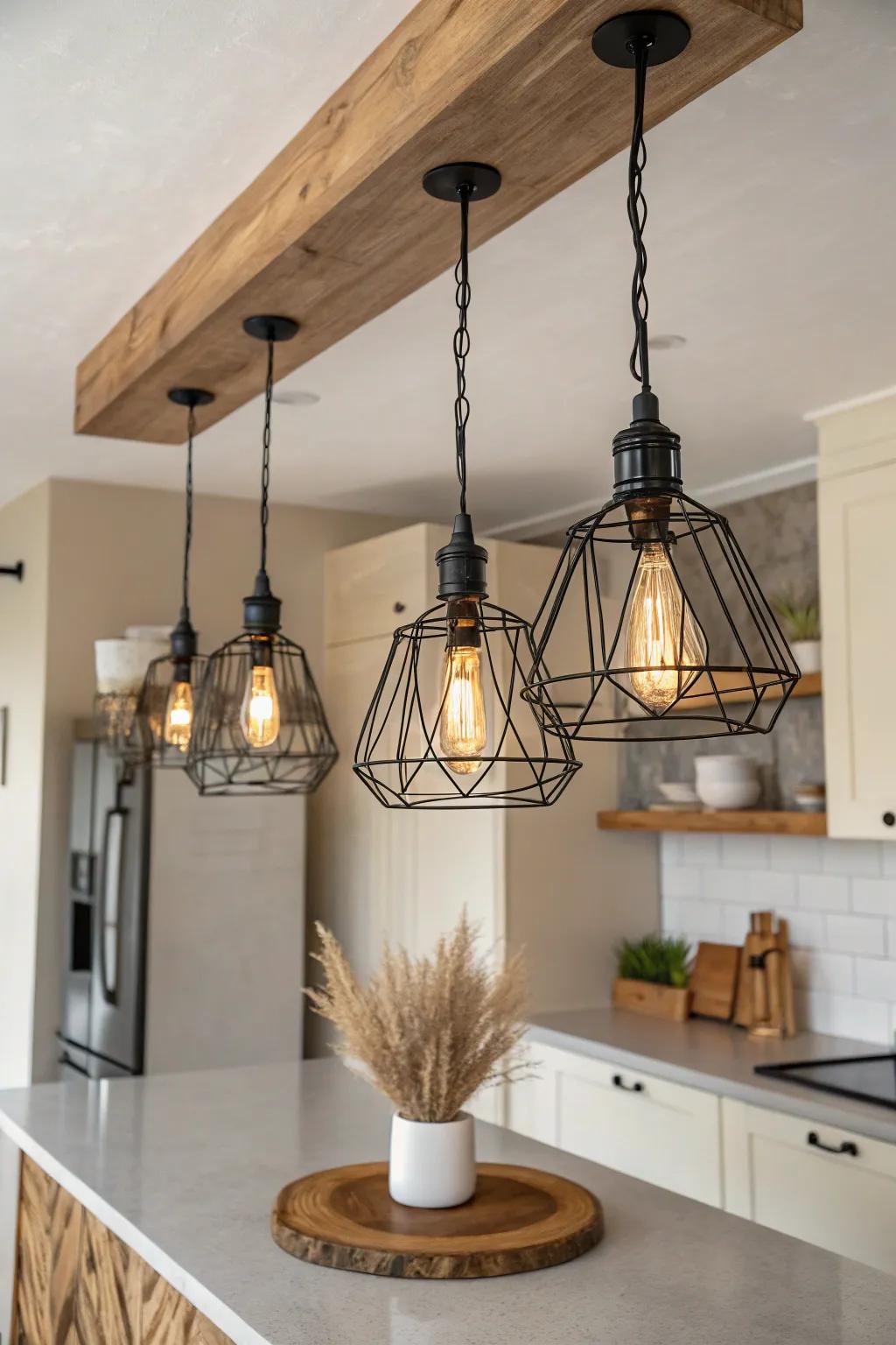 Matte black cage pendants with warm filaments—rustic glow with a handcrafted wood mount.