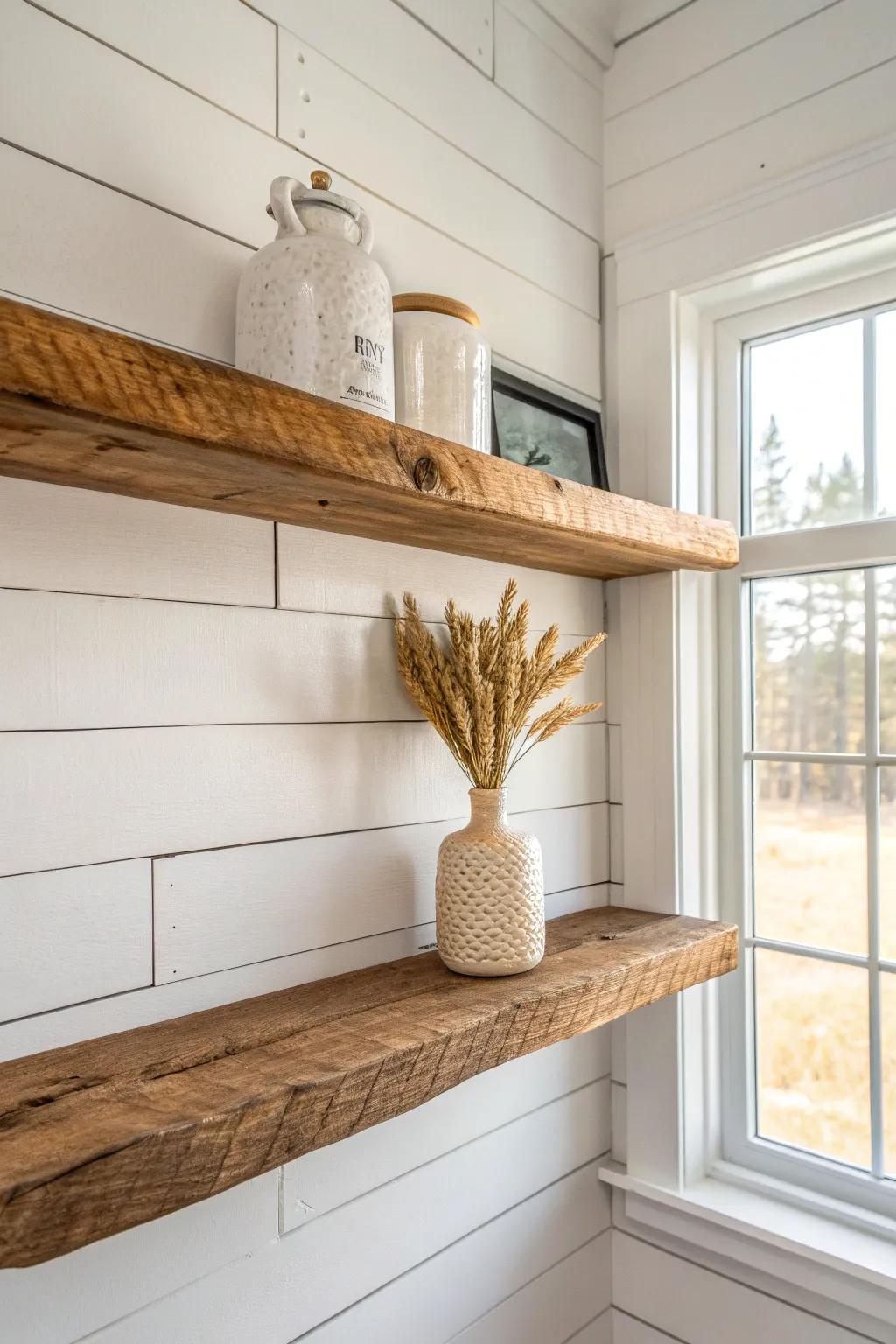 Chunky reclaimed wood open shelf—imperfect edges, warm patina, and pantry charm.