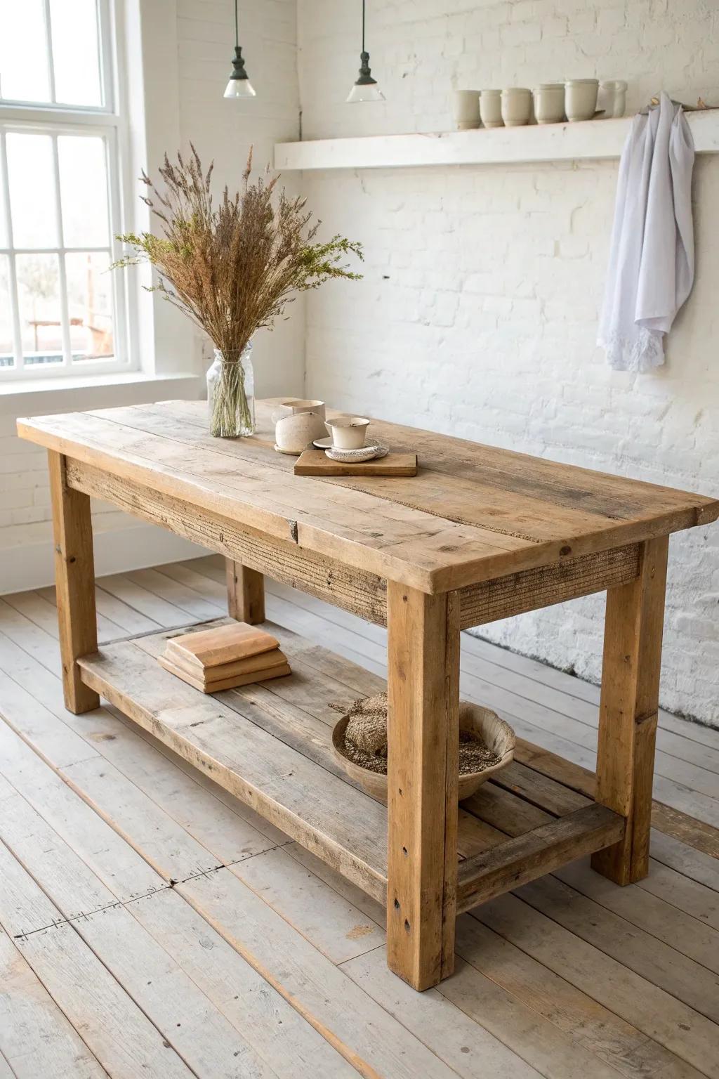 A rustic farmhouse table island in distressed wood—minimal styling for a curated retail display.