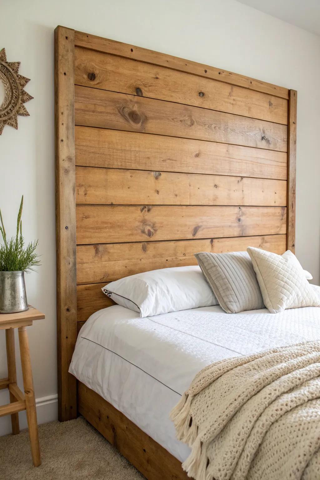 Warm rustic shiplap behind the bed—simple texture, cozy cabin vibe, and clean Nordic calm.