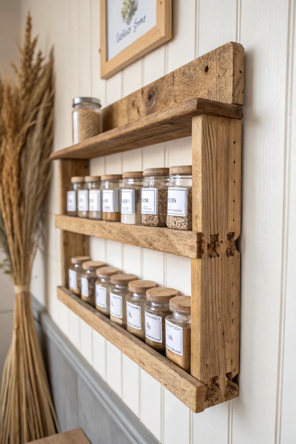Pallet-wood spice rack with a slim lip rail—rustic texture, minimalist lines, secure jar storage.