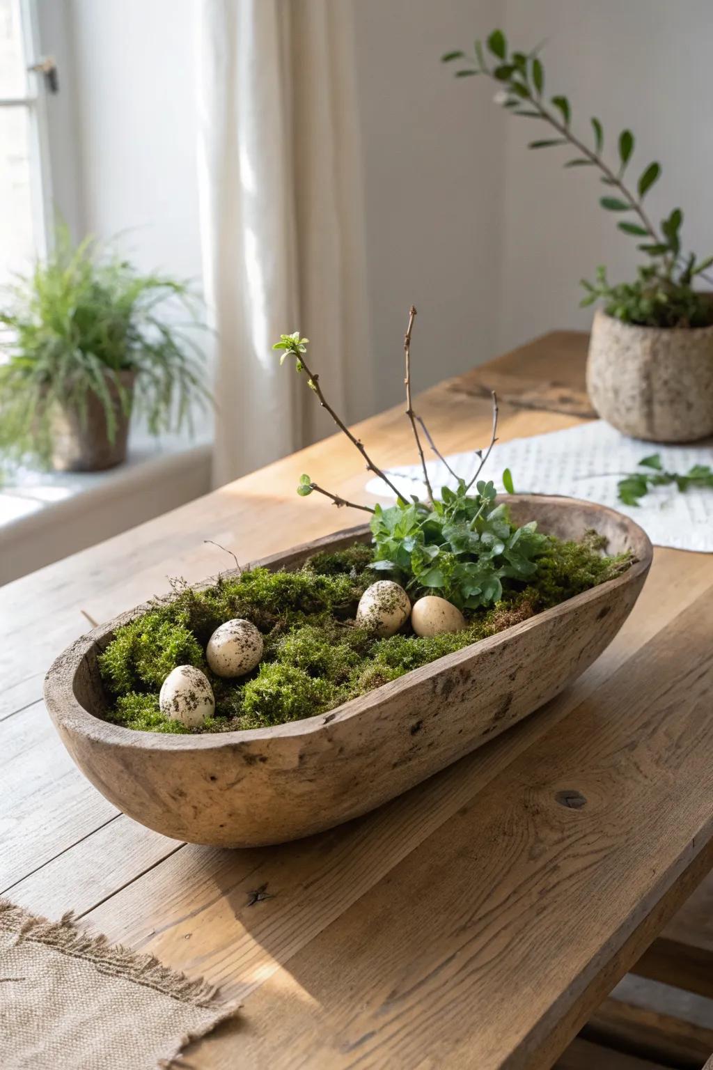 Rustic spring centerpiece: a worn wood dough bowl filled with moss and speckled eggs.