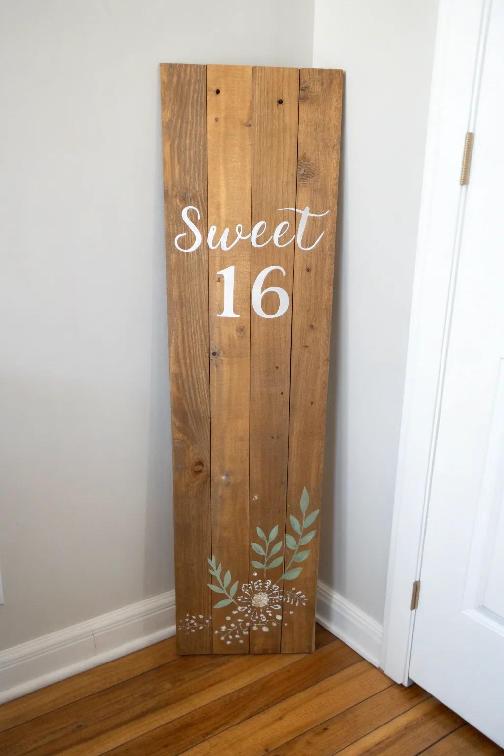Rustic hand-painted “Sweet 16” wood welcome sign with soft boho florals and Nordic calm.