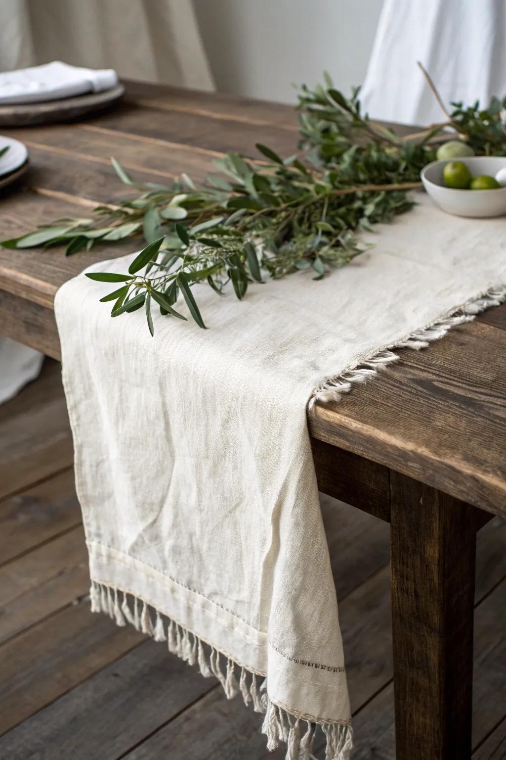 Wrinkled linen + fresh-cut greenery: the easiest rustic runner for an effortless tablescape.