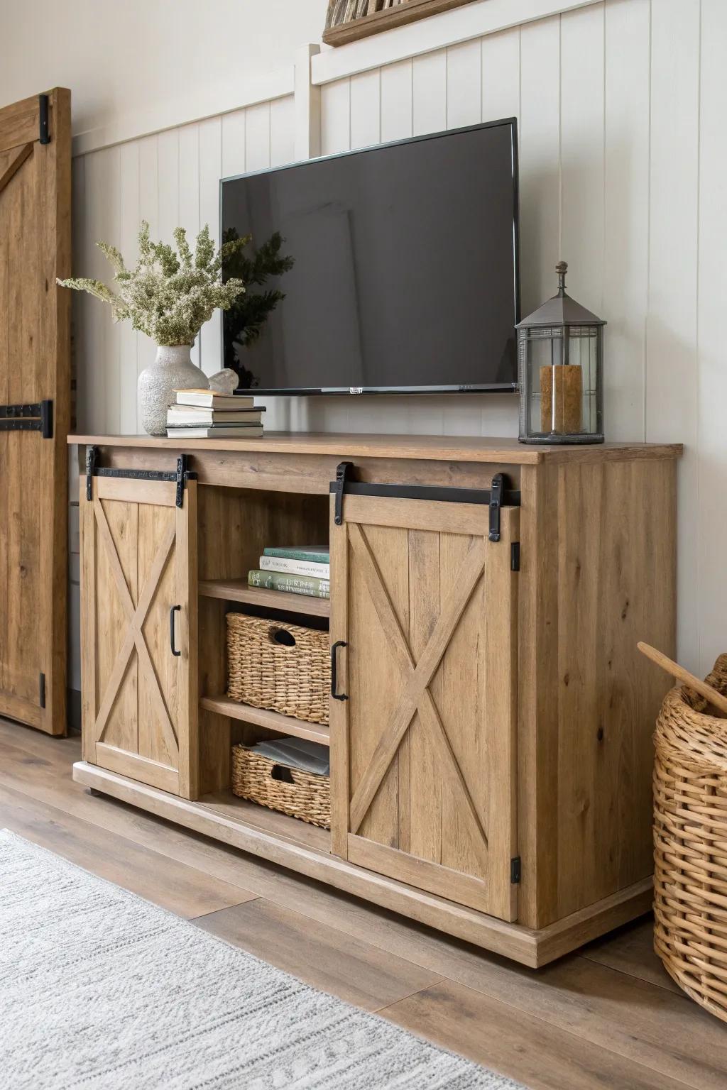 Rustic sliding barn-door TV stand—clean lines, hidden storage, and warm handcrafted charm.
