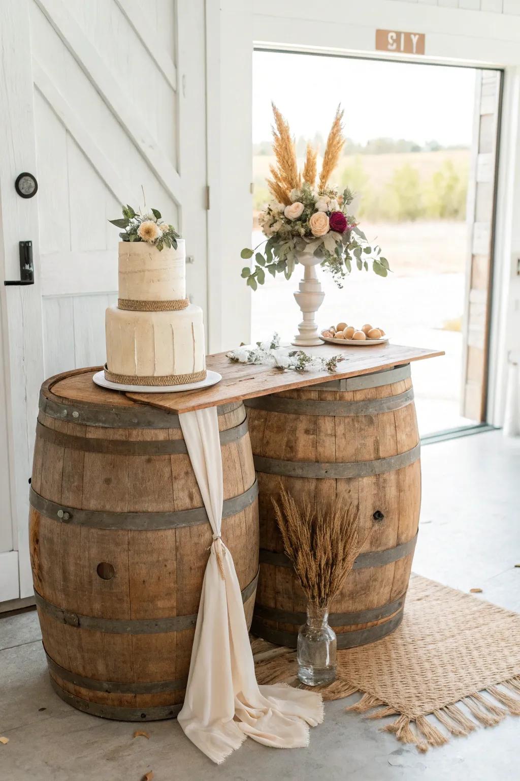 Two rustic barrels and a reclaimed plank create a cozy, collected wedding cake table.