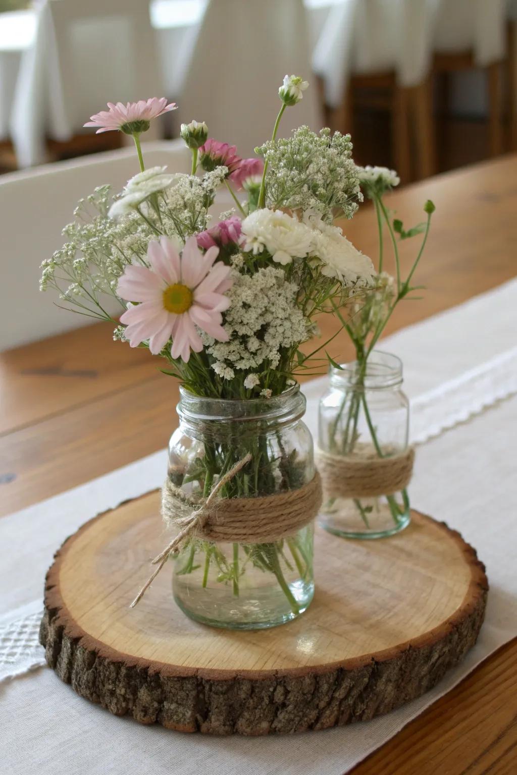 Loose wildflowers in canning jars on a wood slice—an effortless rustic wedding centerpiece.