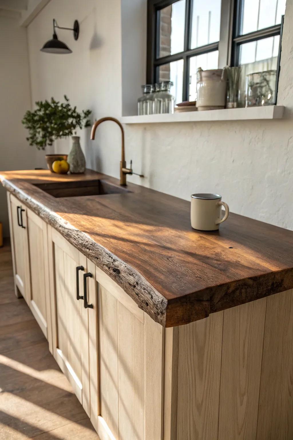 A live-edge slab bar top adds rustic drama—sealed for spills, rich grain, pure simplicity.