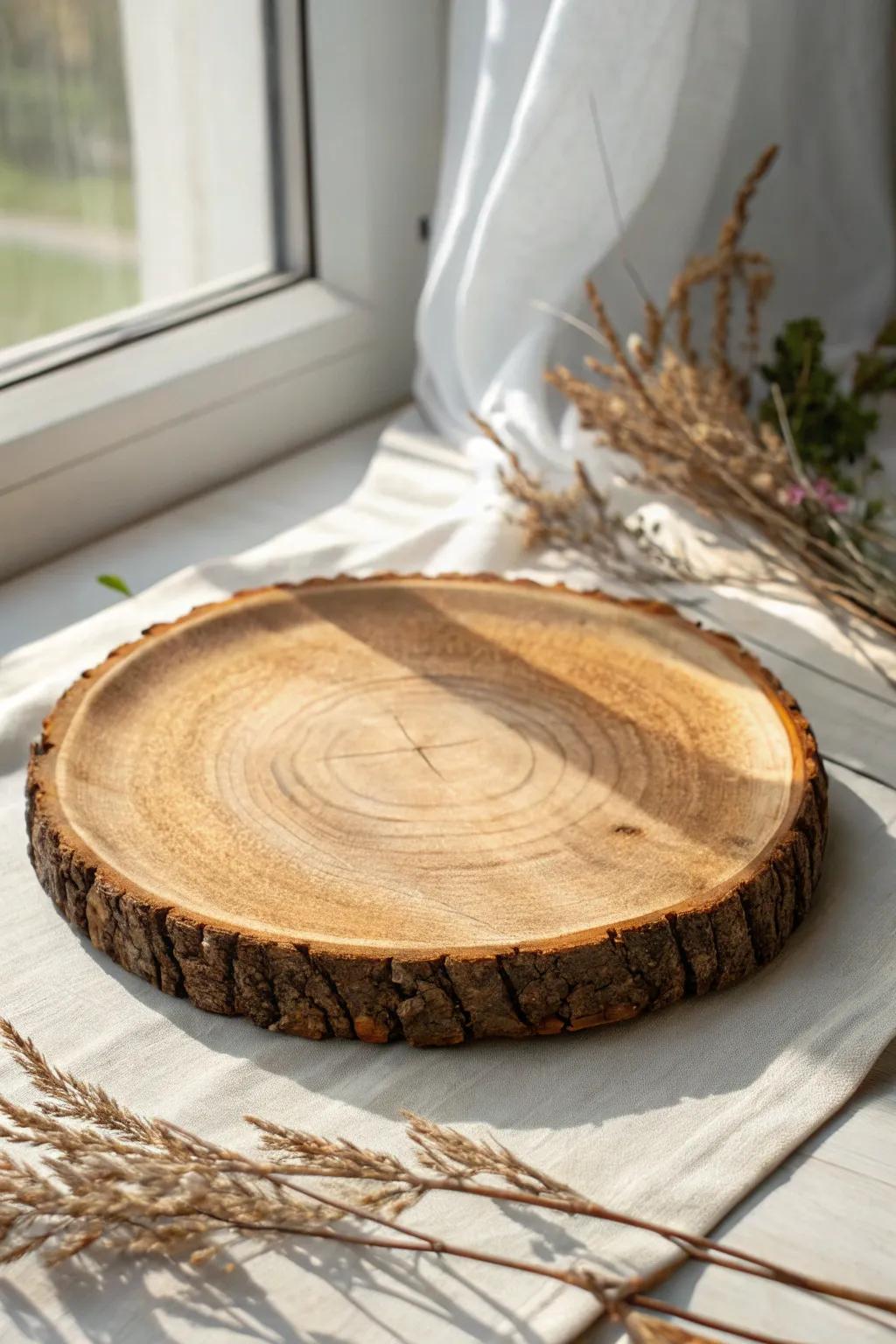 Matte-sealed wood slice charger with bark edge—rustic winter charm with clean, Nordic contrast.