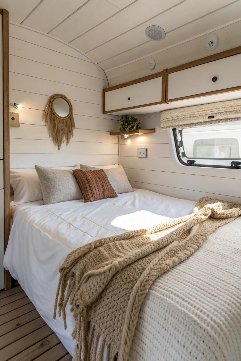 Simple shiplap behind the RV bed: clean, cozy, and perfect for covering dated wallpaper.