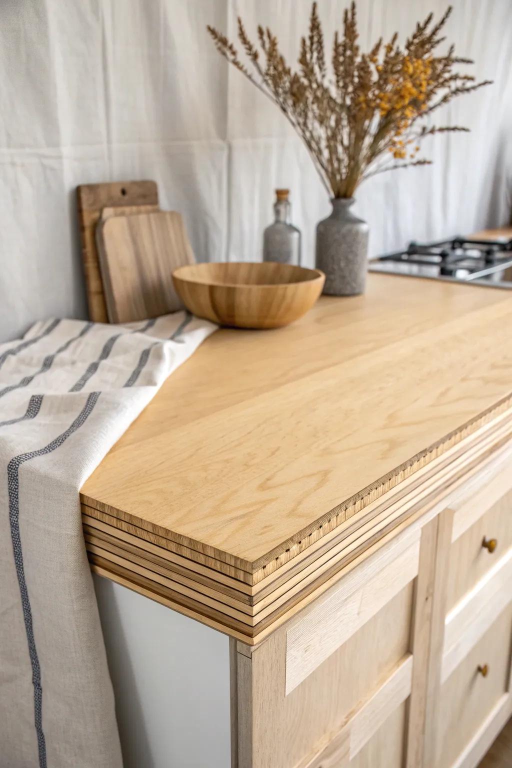 Sealed birch plywood RV countertop—lightweight, durable, and beautifully layered at the edge.