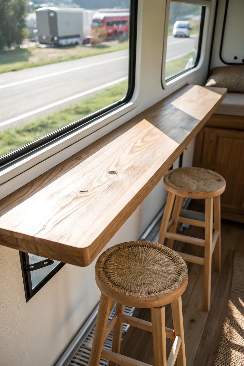 A window-facing RV bar table that saves space and turns every meal into a cozy café view.