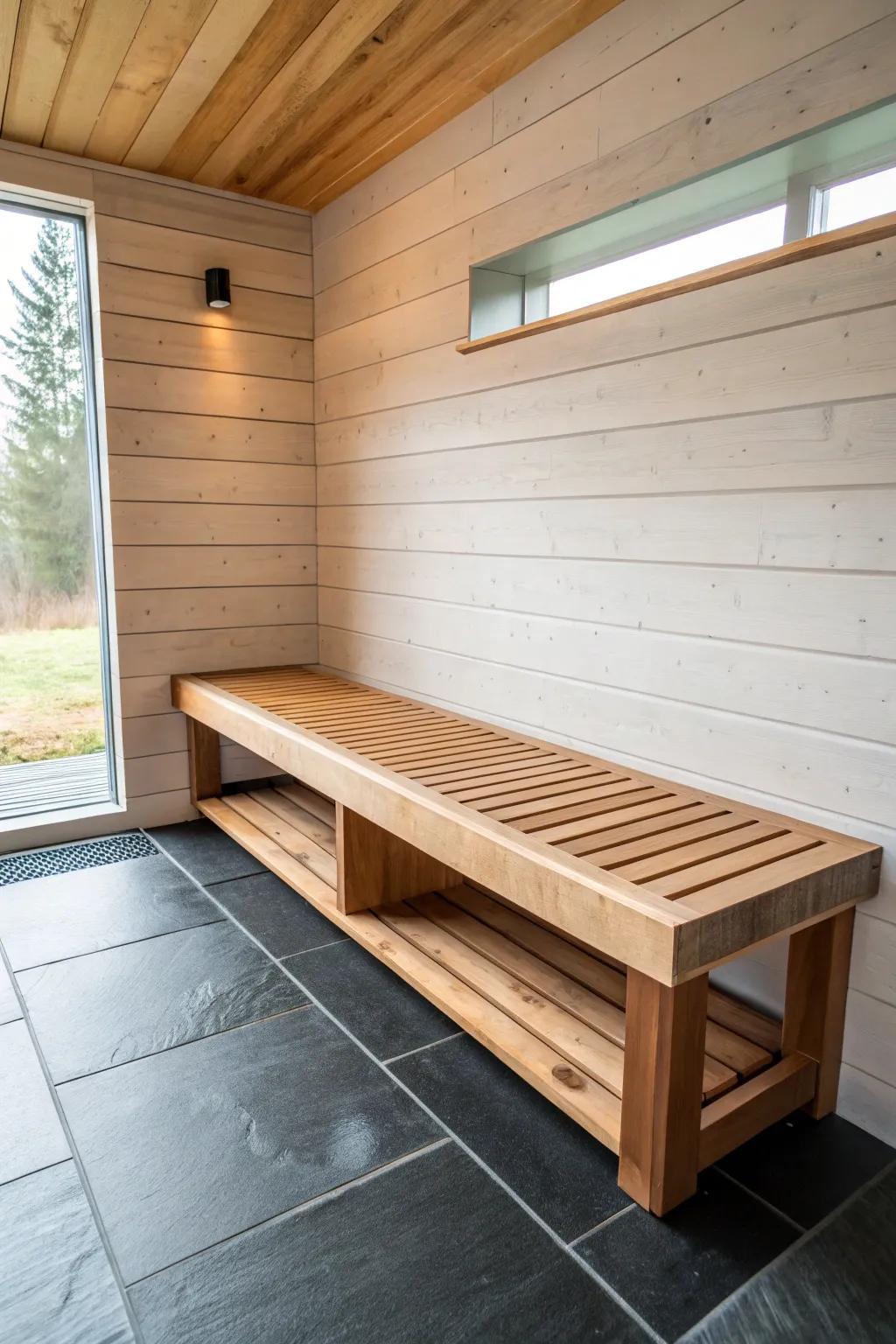 Floating sauna bench layout: sleek cantilevered cedar that feels custom and keeps floors easy to sweep.