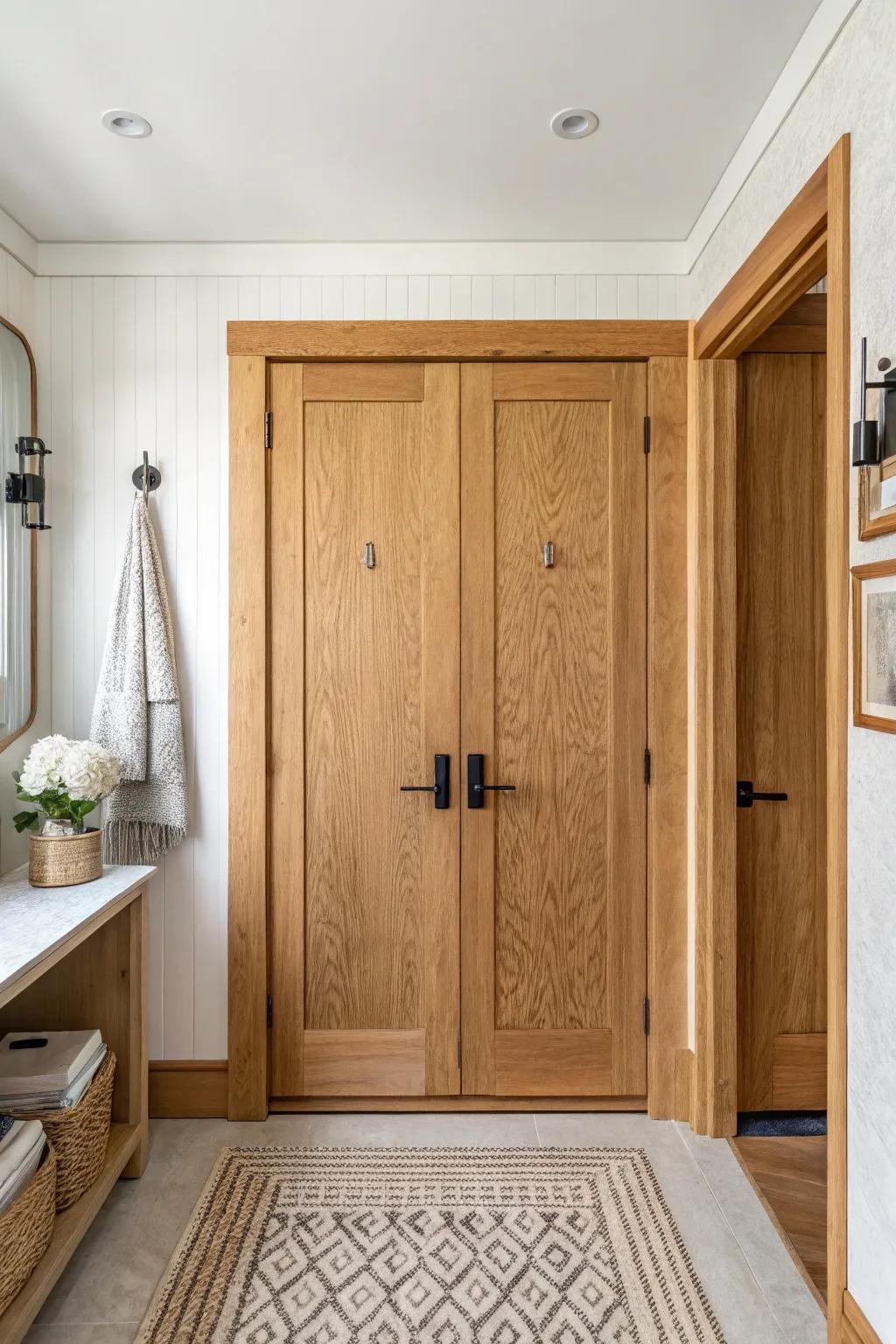 A tiny spa-style airlock entry—two oak doors keep sauna heat and shower humidity beautifully separated.