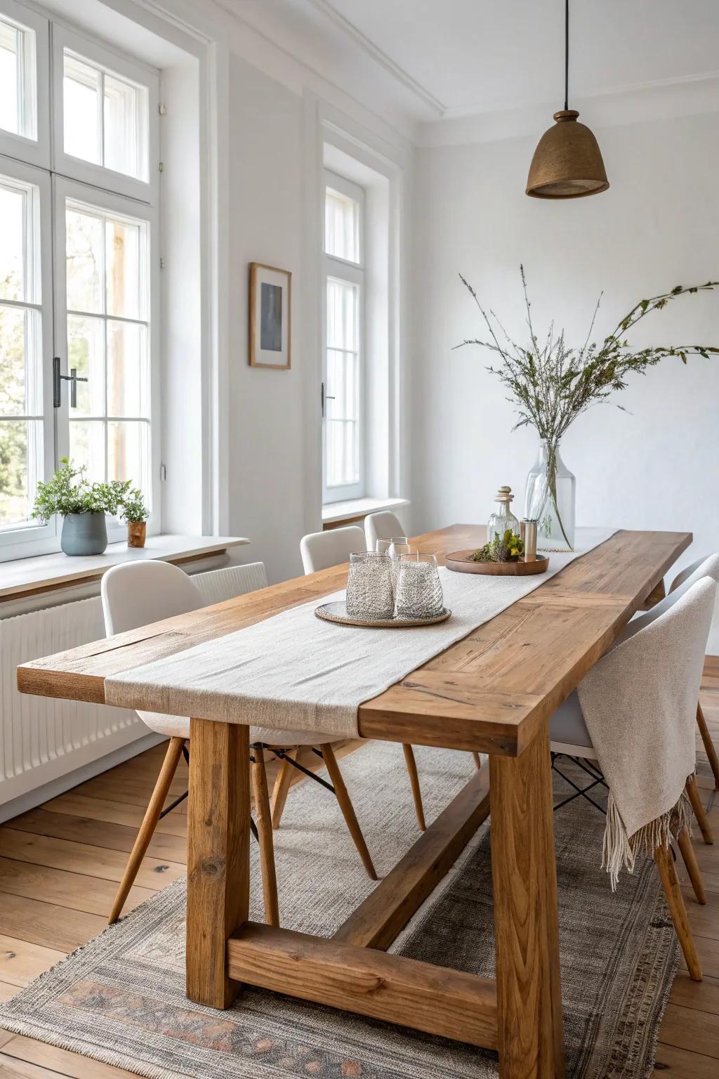 Crisp white walls make warm reclaimed wood feel airy, intentional, and timeless.