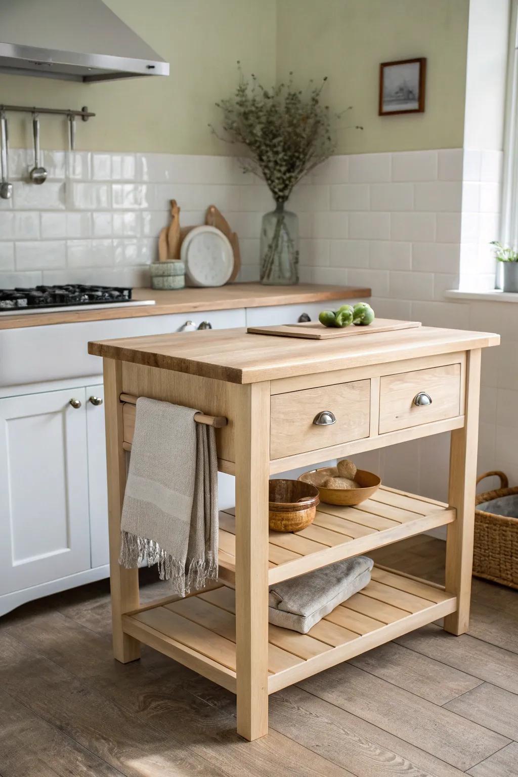 A back kitchen prep island: durable wood, wipeable surfaces, and calm space for messy cooking.