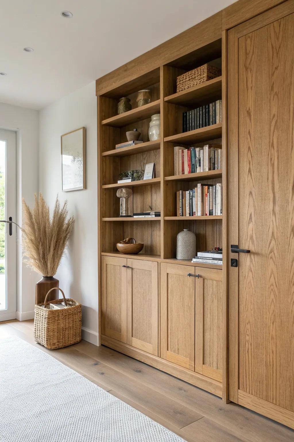 A built-in oak bookshelf wall that hides a secret passage—seamless lines, touch-latch magic.