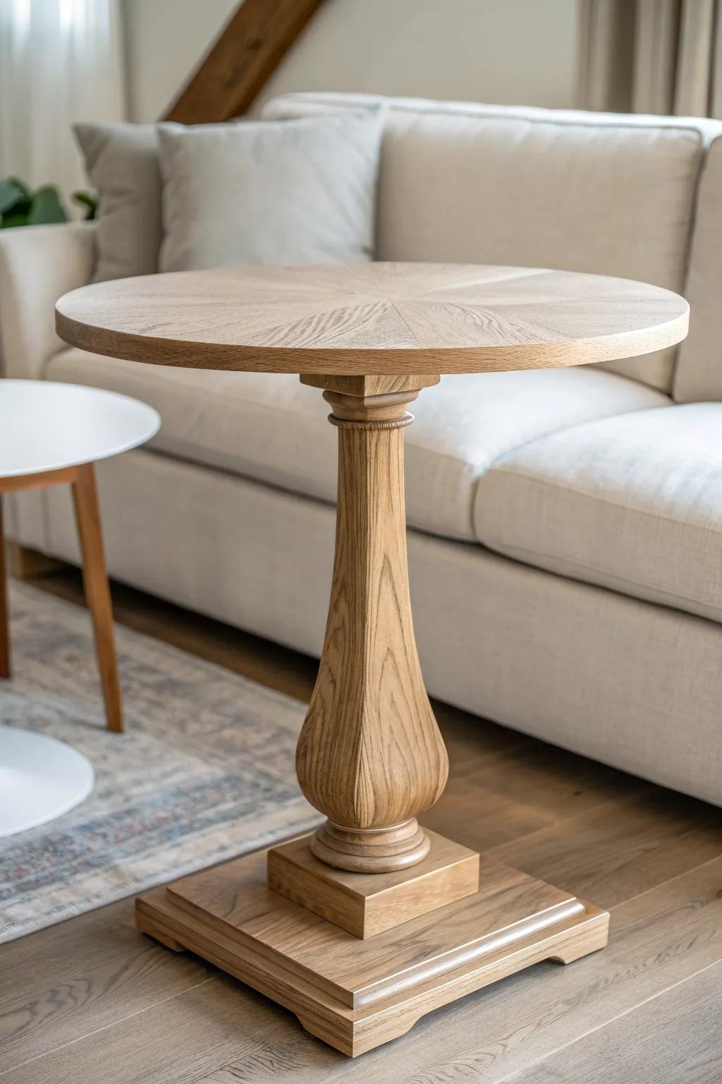 Round oak end table softens a boxy sectional—curves, calm contrast, and zero shin-bumps.