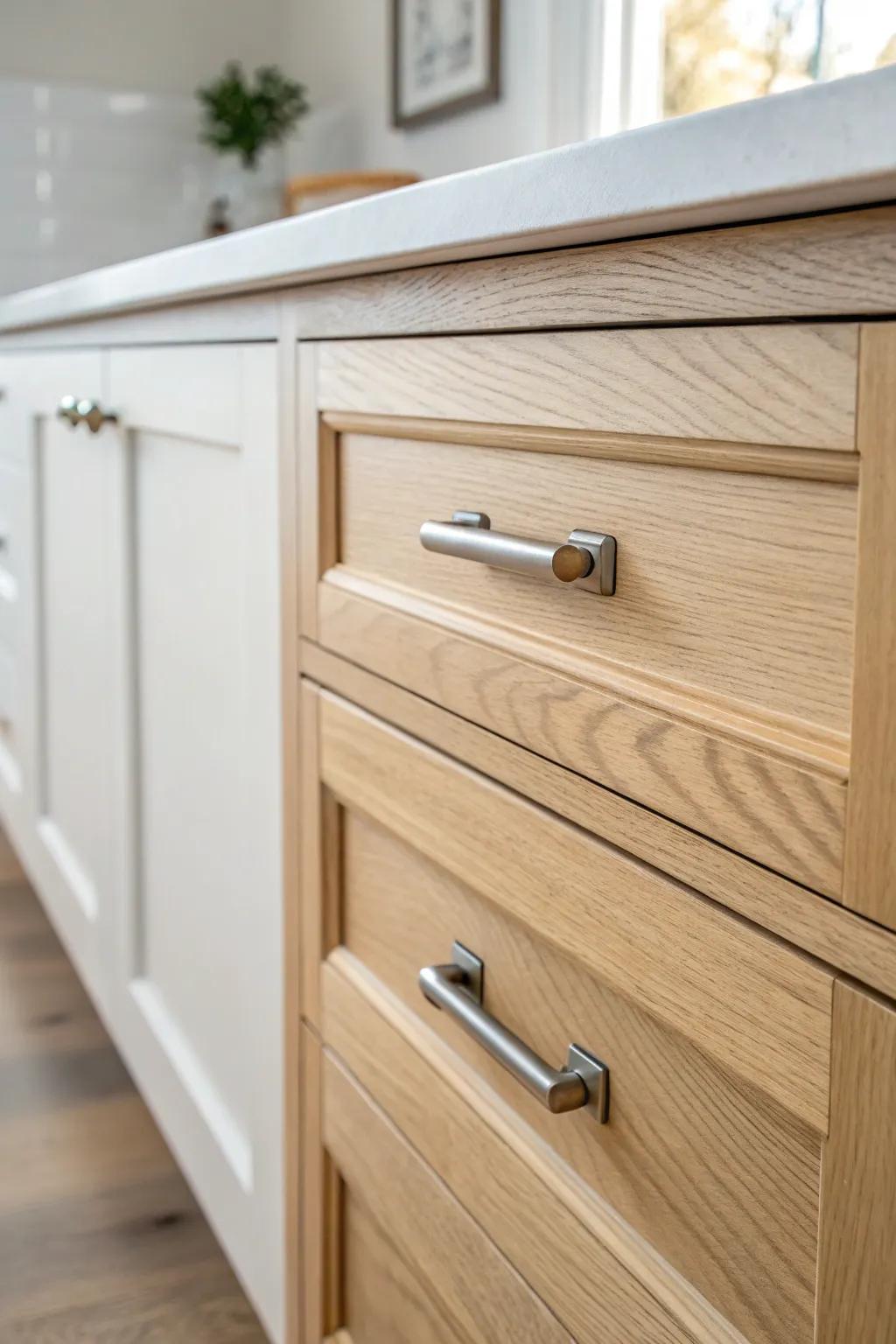 Quiet classic: brushed nickel pull on a crisp Shaker front—soft, timeless, and easy to live with.