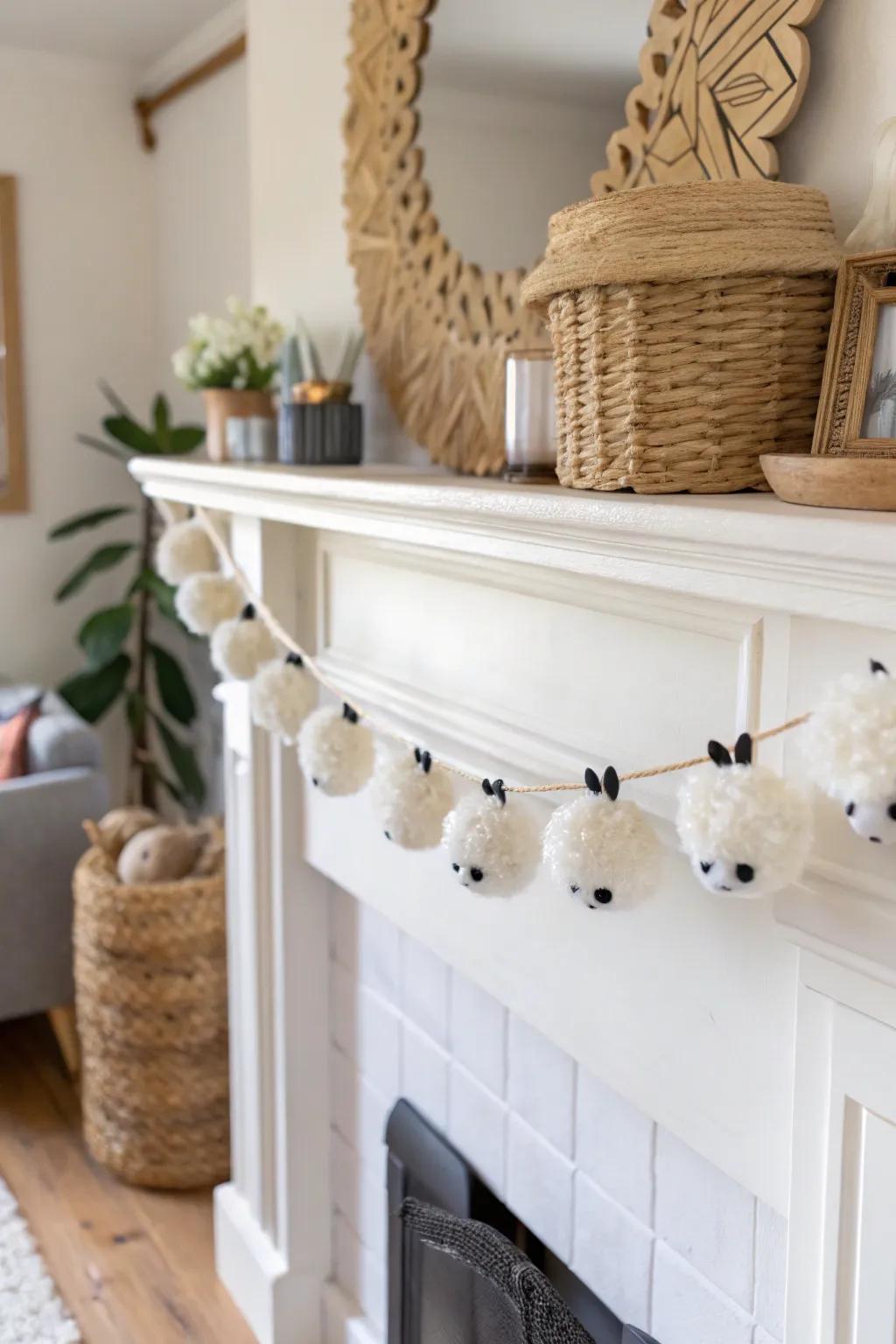Add a touch of whimsy with a handcrafted pom-pom sheep garland for cozy Scandinavian charm.
