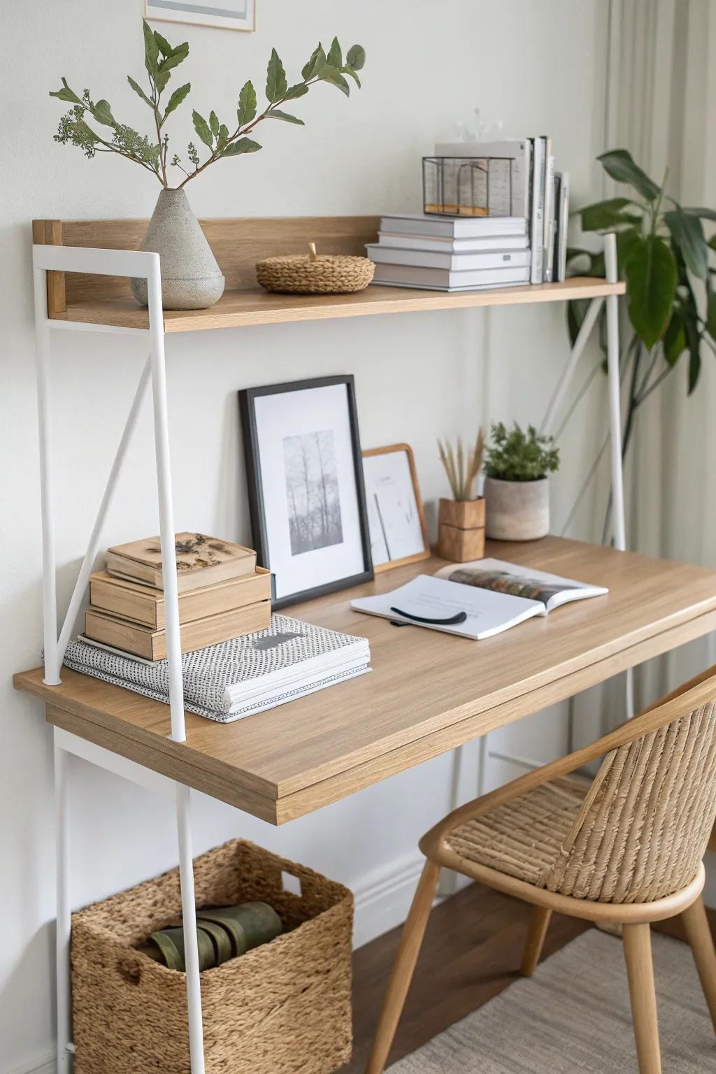 Two-tier shelves above your desk: double the storage with clean, cozy Scandinavian style.