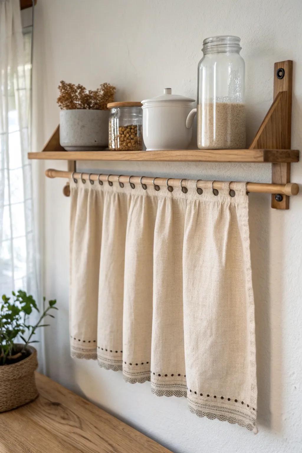 Café-style half curtain: hide bulky shelf items below while keeping everyday essentials easy to grab.