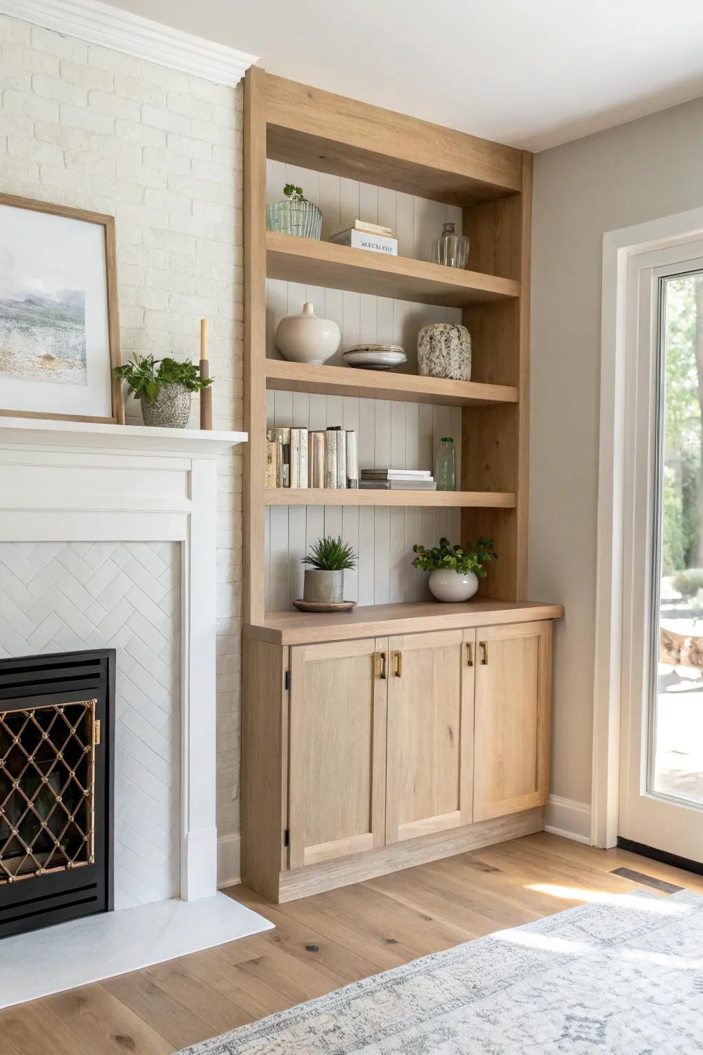 Built-in shelves around the fireplace: open styling above, hidden storage below, all in warm oak.