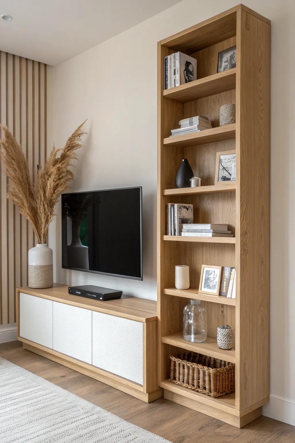 Built-in bookcase tower beside the TV—clean lines, hidden storage, and warm wood contrast.