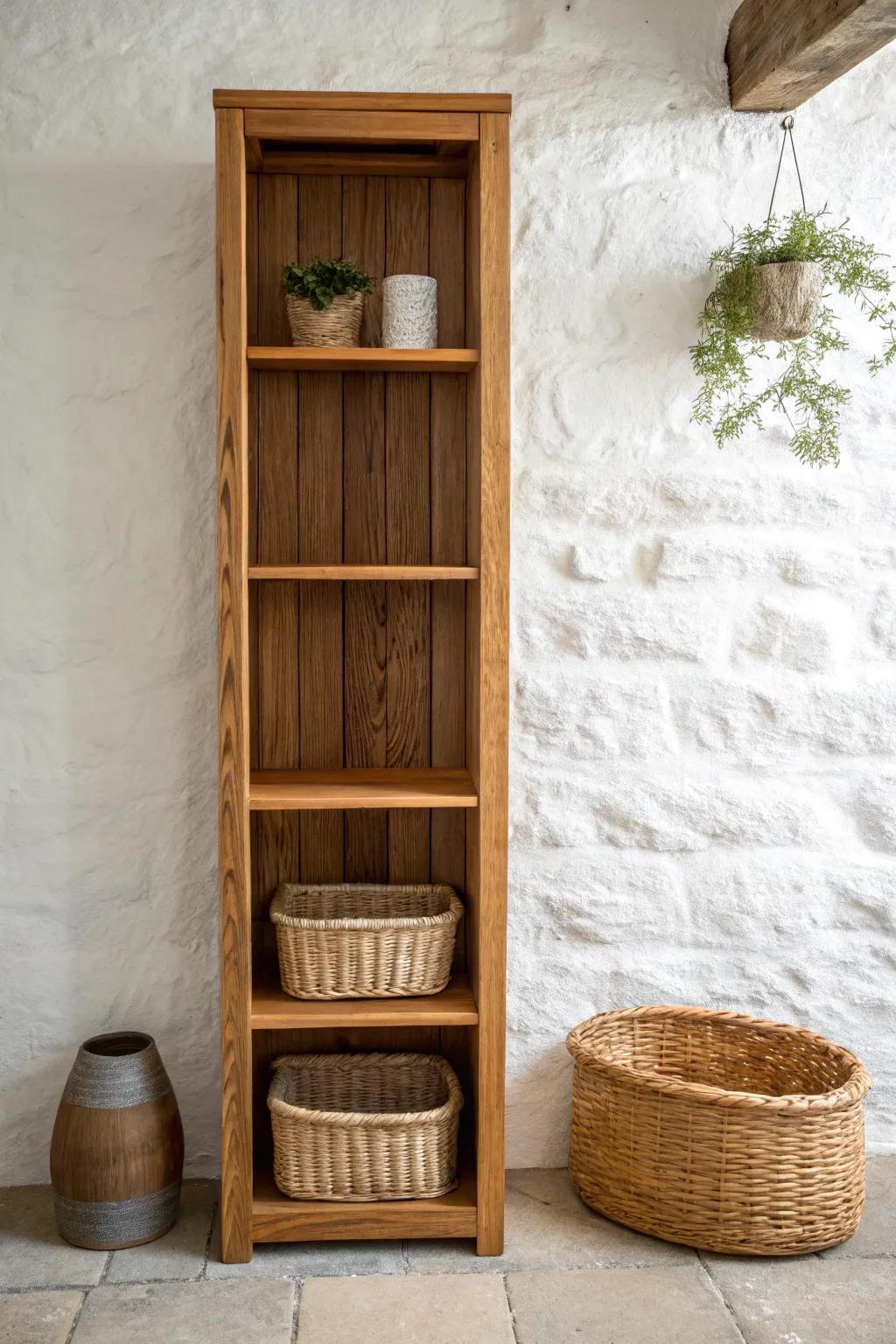 Floor-to-ceiling oak shelves with a tall bottom bay—minimal, airy storage for every room.