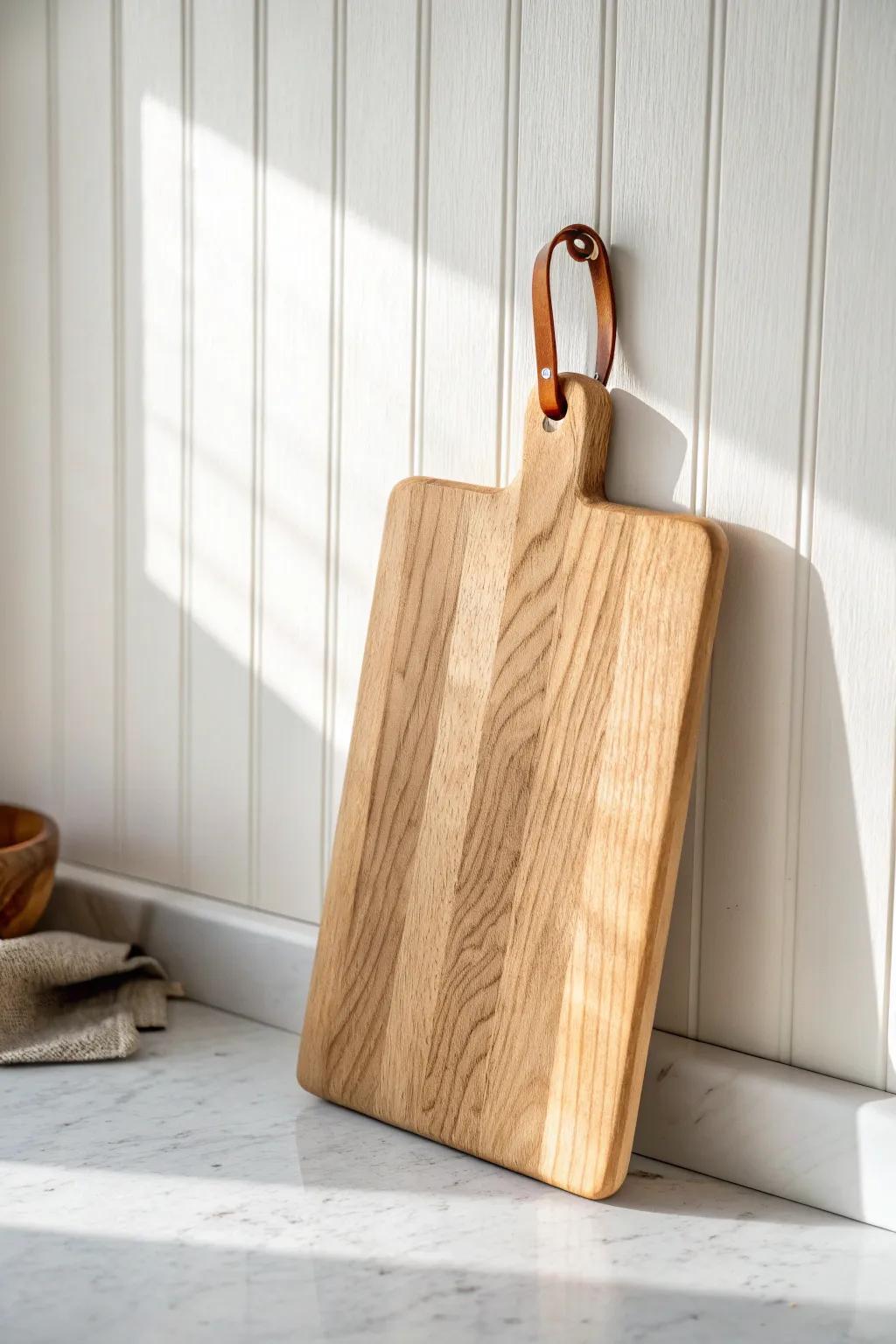 Crisp vertical shiplap + a warm oak board—an easy way to make a kitchen feel taller.