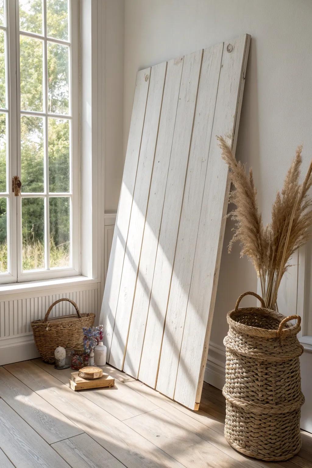 One shiplap feature wall adds cozy texture and anchors a small sunroom without blocking light.