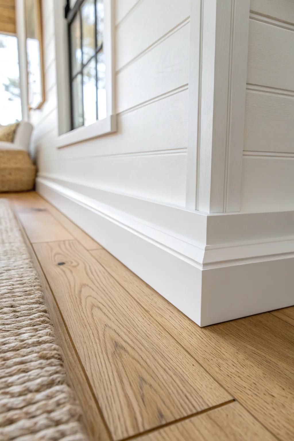 Chunky baseboards over shiplap add a grounded, durable finish—perfect for busy hallways.