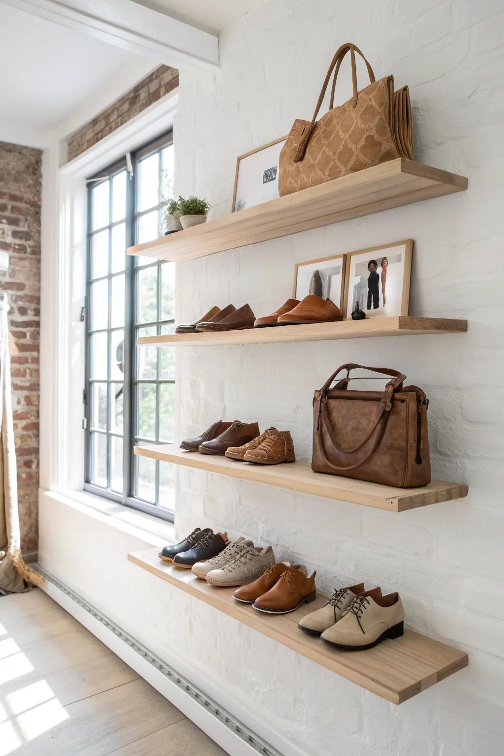 Elevate your space with chic floating shelves that showcase your style essentials in minimalist elegance.