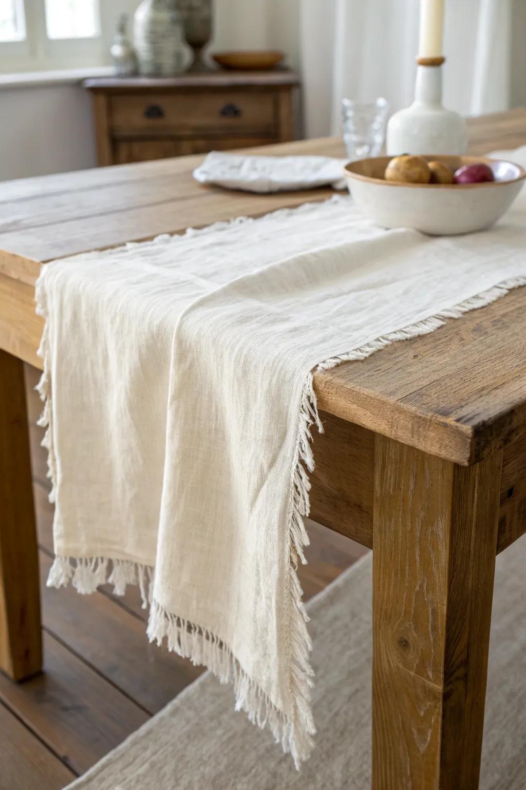 Soft linen runner on warm oak—effortless, undone elegance for a minimalist wedding table.