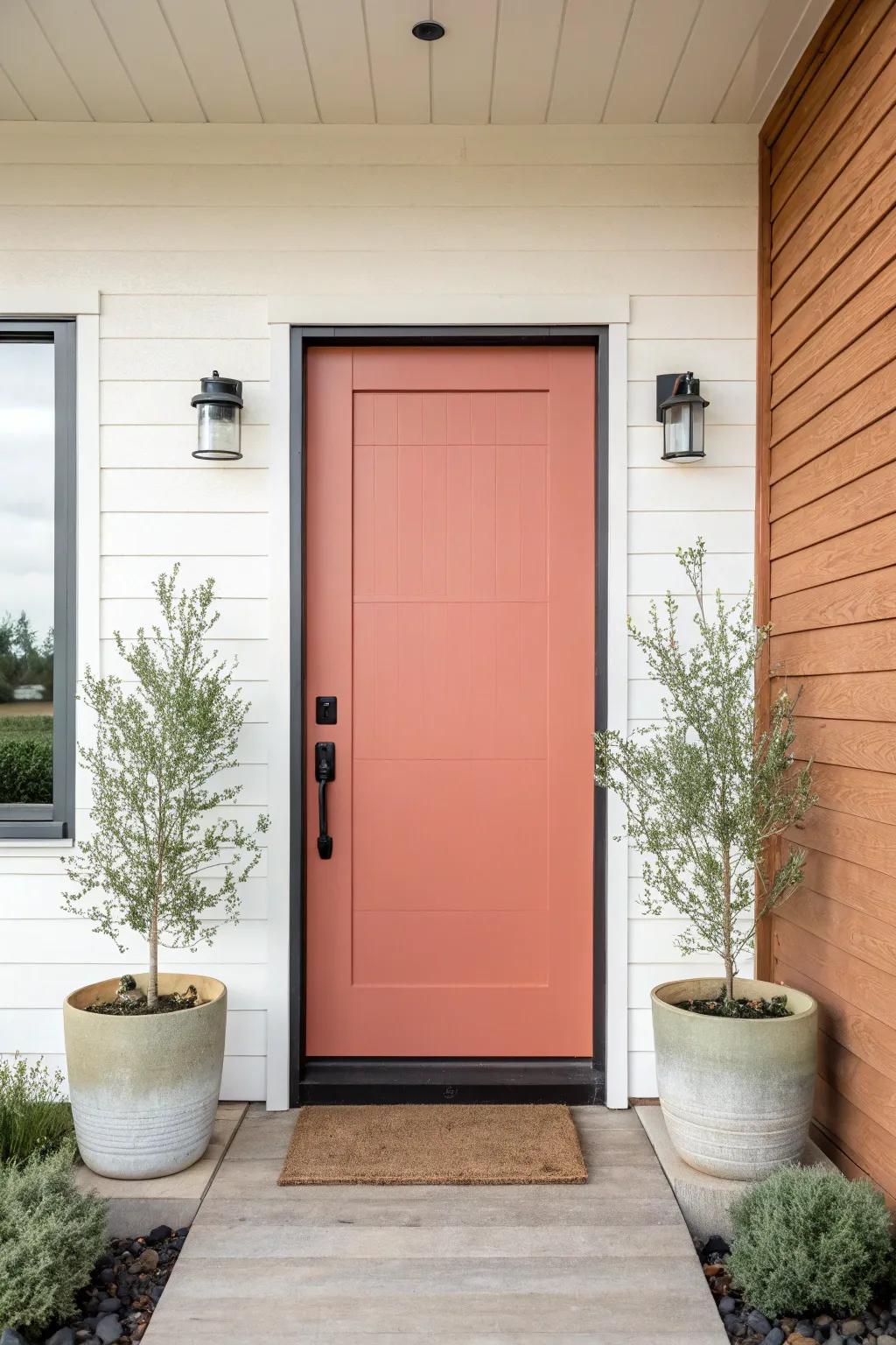 A bold painted slab door with matching planters—fast curb appeal with calm Scandinavian charm.