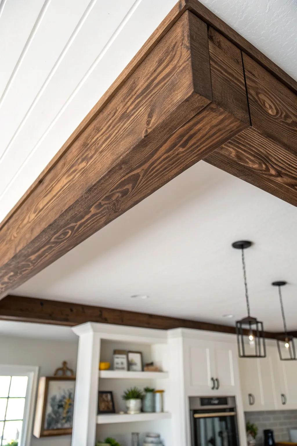 Dark-stained faux beam on a crisp white ceiling—instant ski-lodge charm, zero remodel.