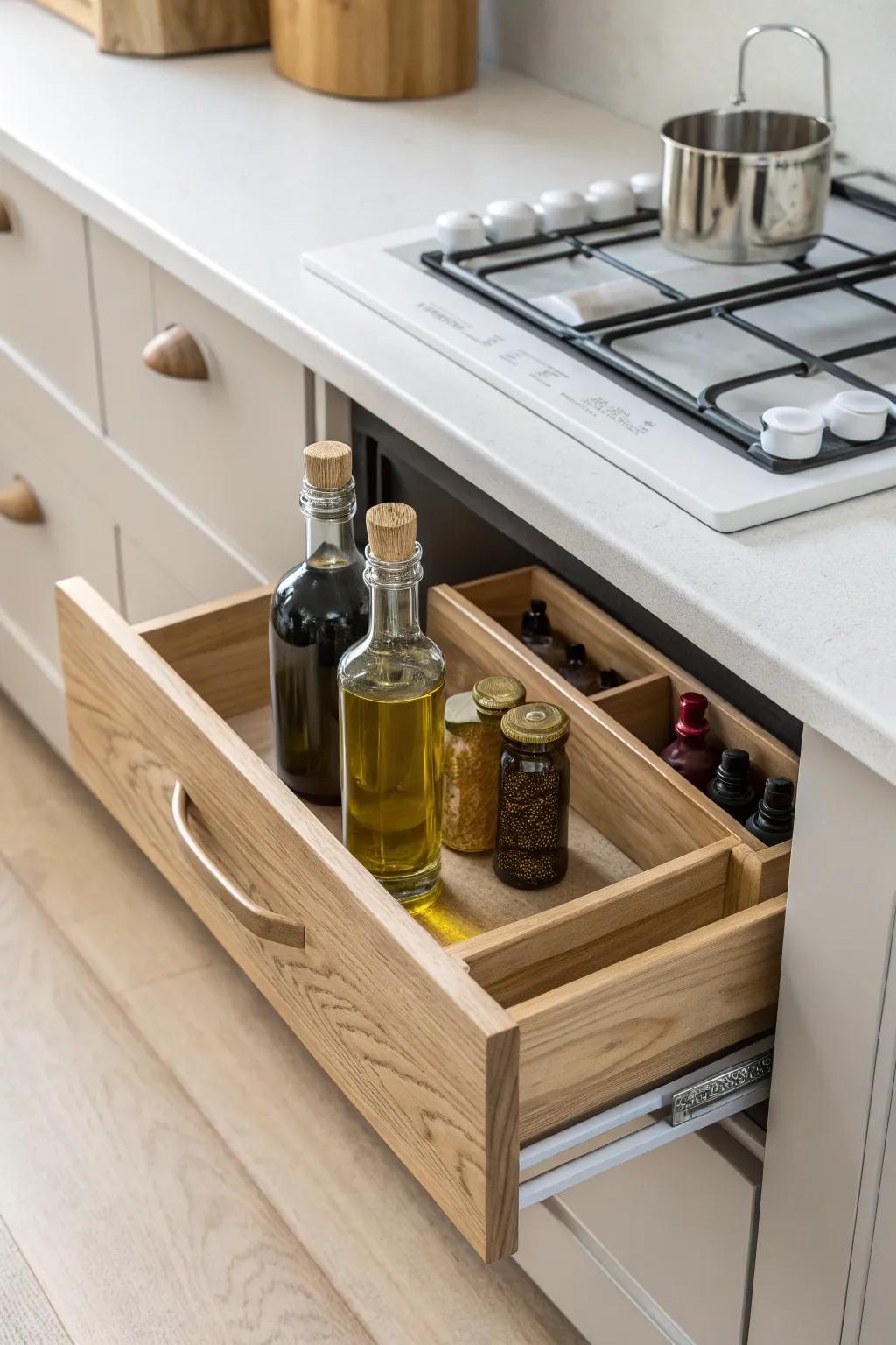 A skinny pull-out beside the stove keeps oils and vinegars handy—no wasted space.