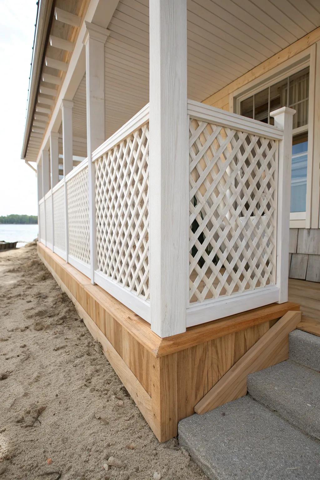 Framed lattice skirting with a solid base trim—clean, architectural, and tough against splashes.