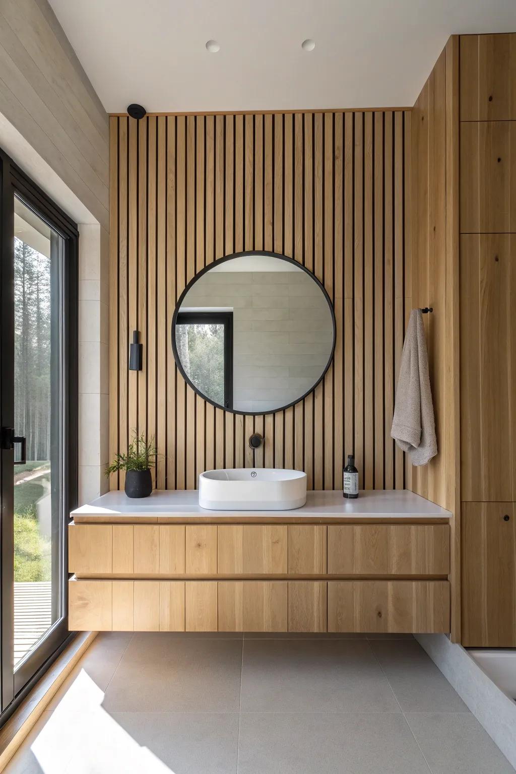 Floor-to-ceiling oak slats + a round mirror: the easiest way to make a bathroom feel taller.